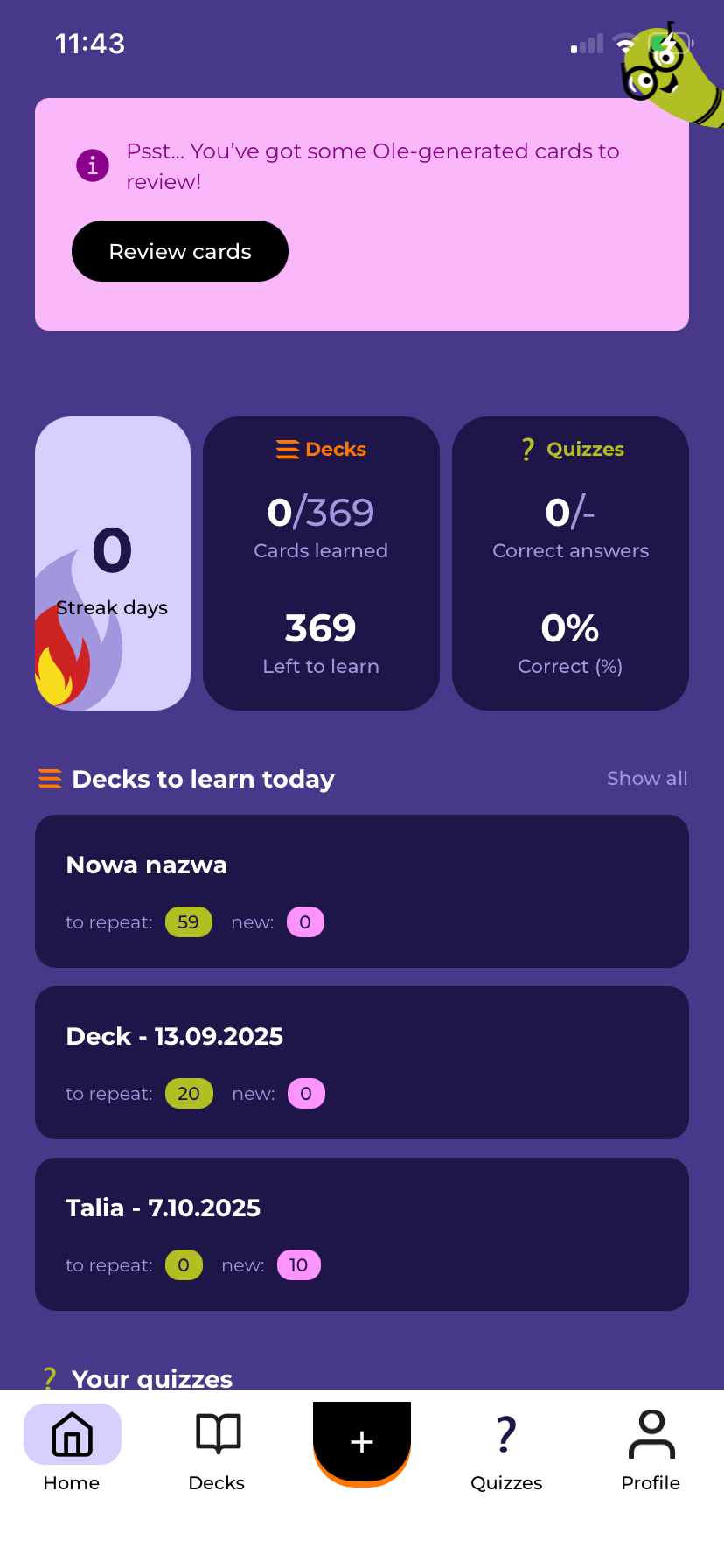 MemOle app screenshot showing deck progress, quizzes, and study cards.